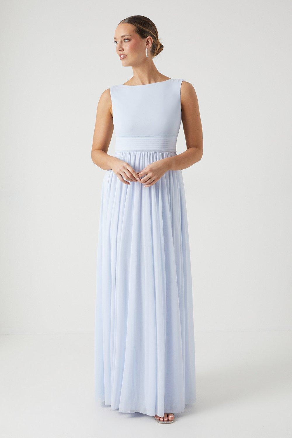 Cowl Back Stretch Mesh Full Skirted Bridesmaids Maxi Dress - Ice Blue